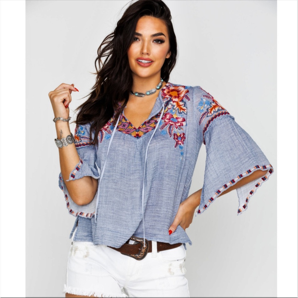 JOHNNY WAS Work Shop Caila Blue Gauze Embroidered Blouse Size XS